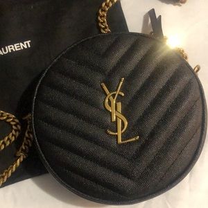 YSL round camera bag in chevron grain